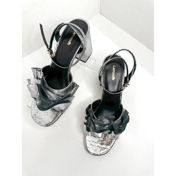 Larroudé Selena Ruffle Ankle Strap Sandal Pump  in pewter Silver sz 9.5 - Picture 6 of 9